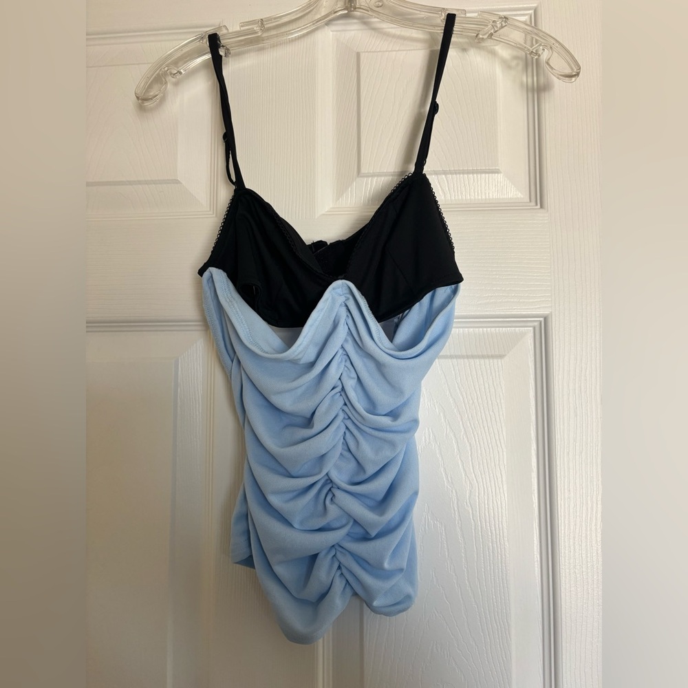 Ruched Two-Tone Spaghetti Strap Women's Top - Black & Light Blue